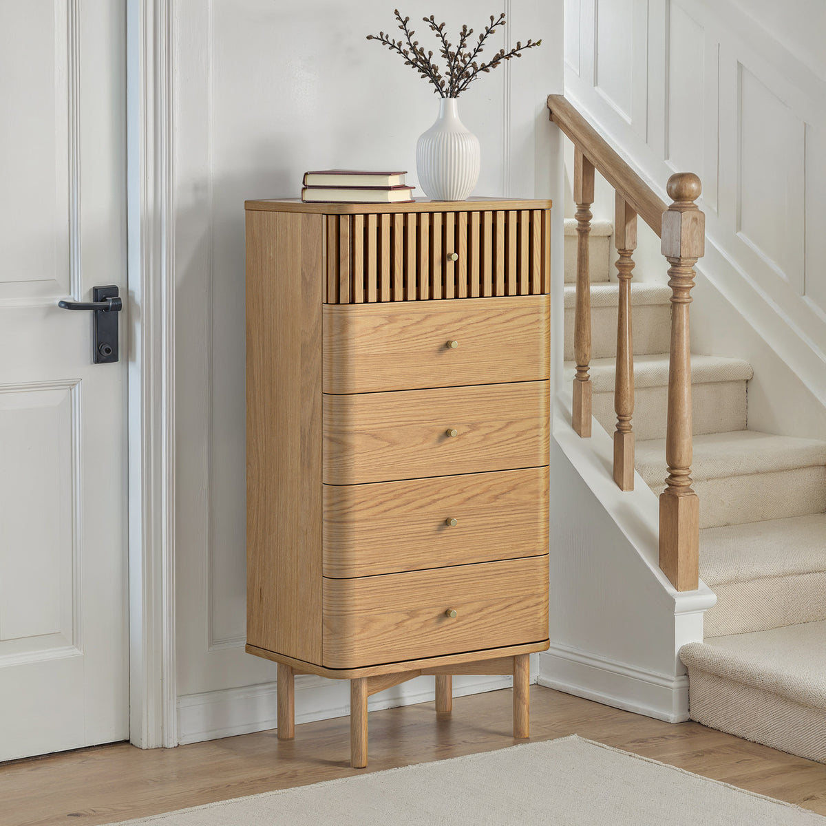 Shorwell Oak Slatted 5 Drawer Tallboy Chest from Roseland Furniture