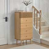 Shorwell Oak Slatted 5 Drawer Tallboy Chest from Roseland Furniture