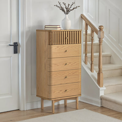 Shorwell Oak Slatted 5 Drawer Tallboy Chest