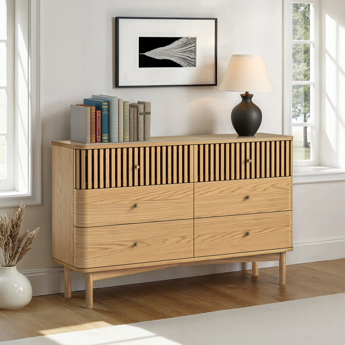 Shorwell Oak Slatted 6 Drawer Chest of Drawers from Roseland Furniture