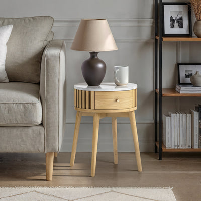 Shorwell Oak & Marble Slatted 1 Drawer Side Table