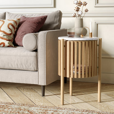 Shorwell Oak & Marble Slatted 1 Door Side Table