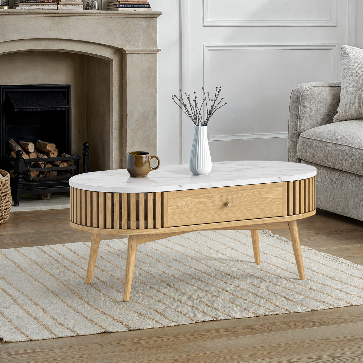 Drawer Mable Table Shorwell Oak & Marble Oval Coffee Table with Drawer | Roseland