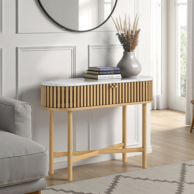 Shorwell Oak & Marble Slatted Oval Console Table