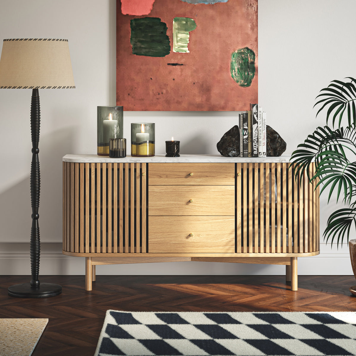 Shorwell Oak Marble 3 Drawer Sideboard Natural from Roseland Furniture