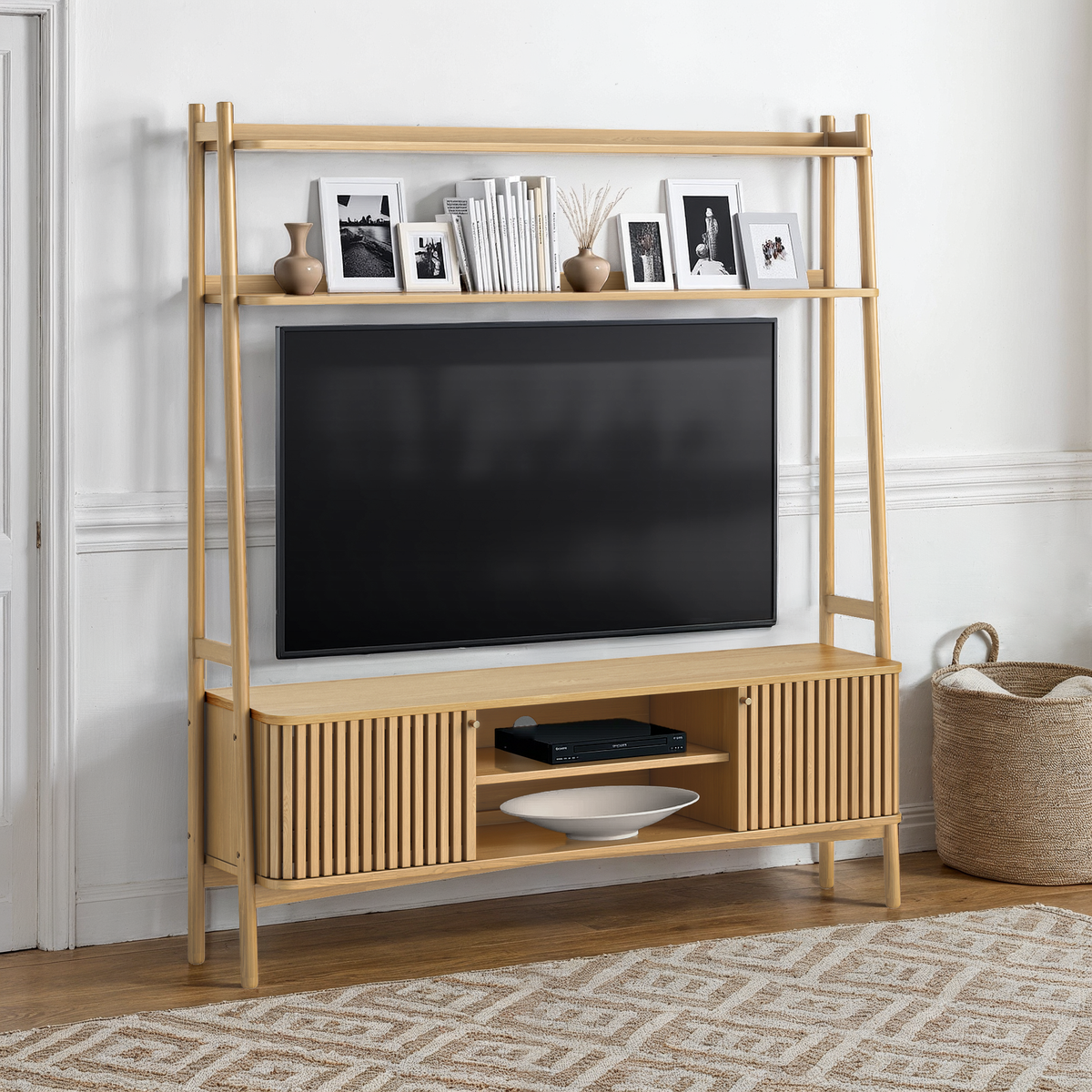 Shorwell Oak Slatted Medium TV Ladder Unit Oak from Roseland Furniture