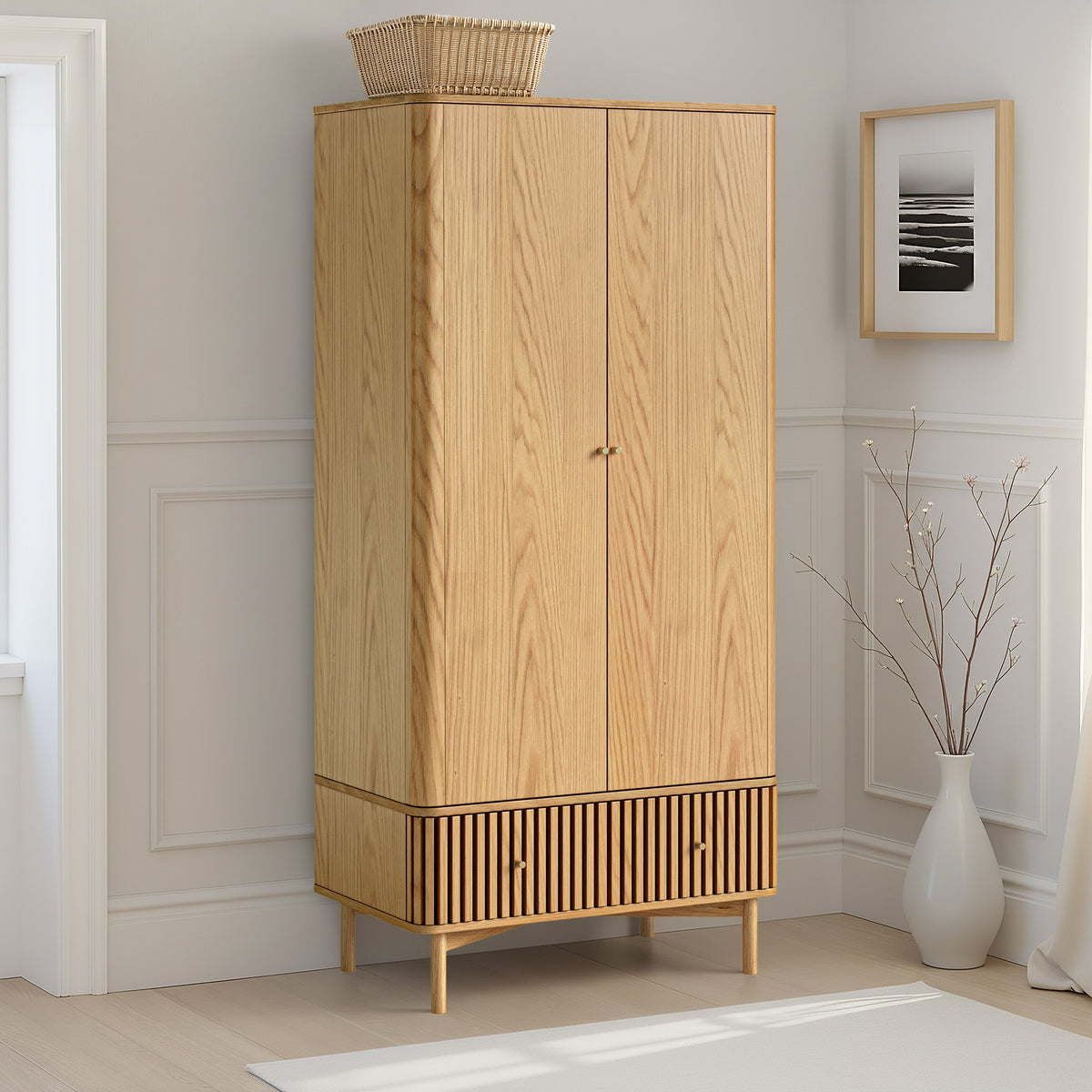 Shorwell Oak Slatted Double Wardrobe With Drawer from Roseland Furniture