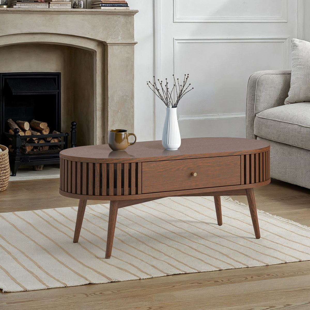 Shorwell Oak Slatted Oval 1 Drawer Coffee Table Dark Stain from Roseland Furniture