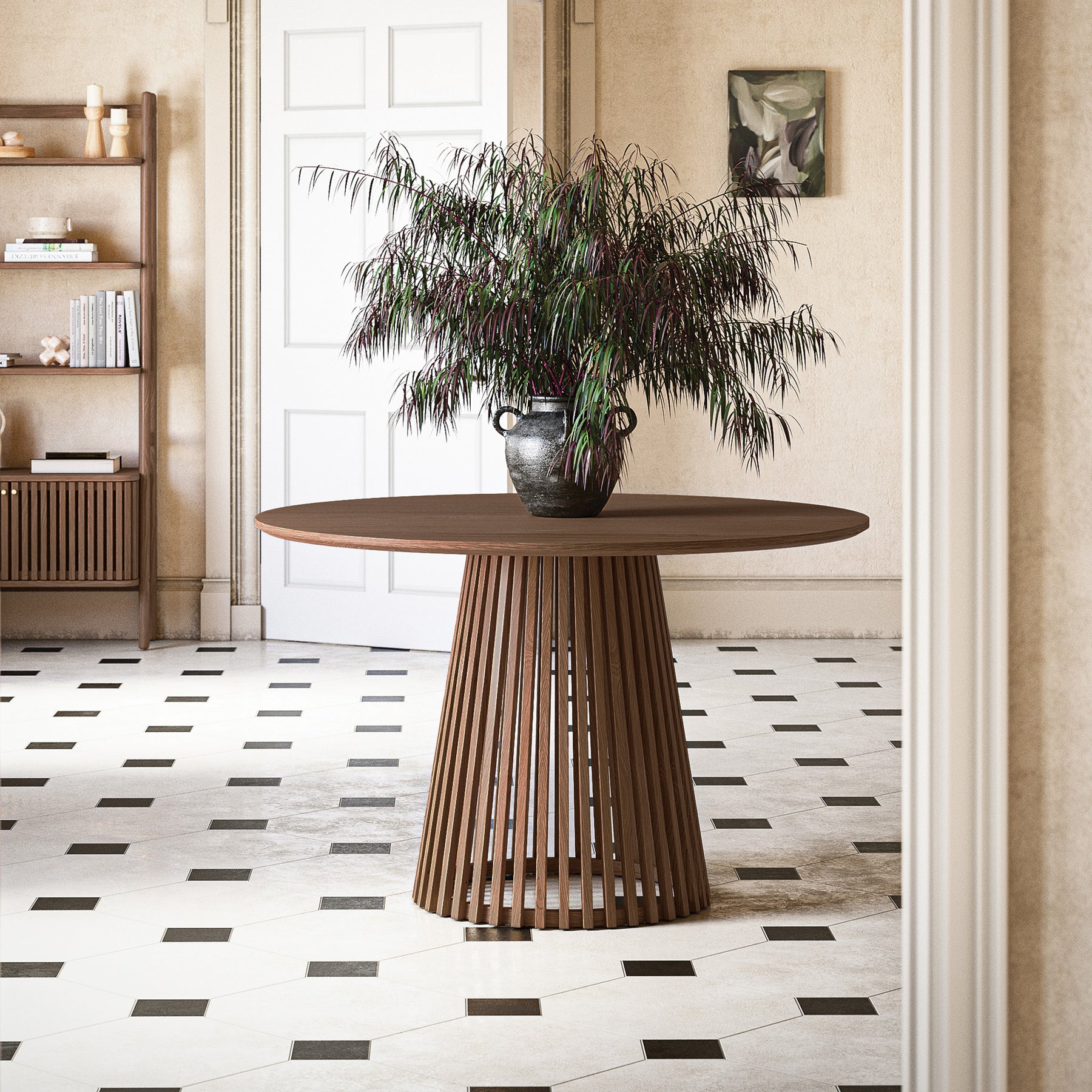 Shorwell Oak Slatted Round Dining Table Dark Stain Front1 from Roseland Furniture