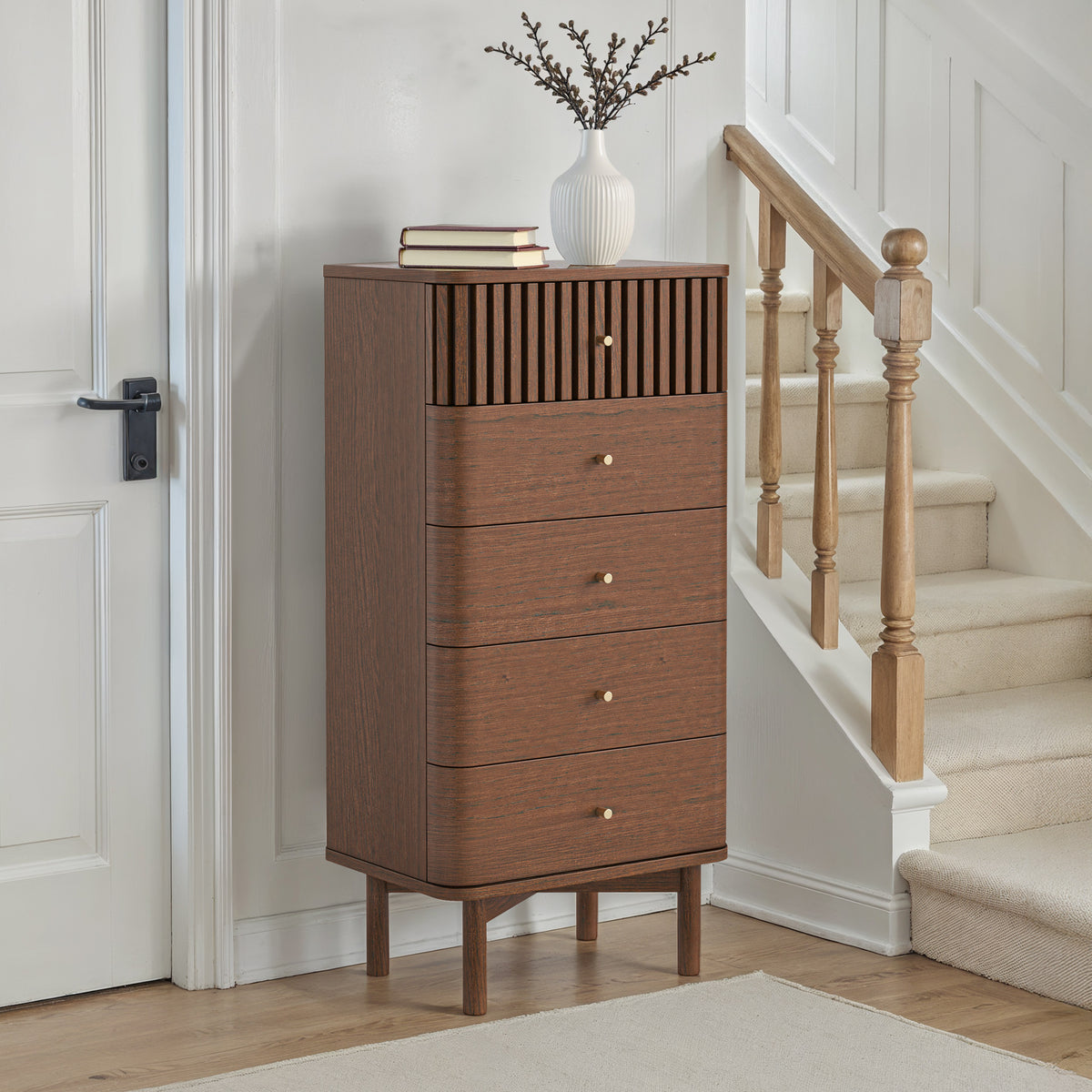 Shorwell Oak Slatted 5 Drawer Tallboy Chest Dark Stain from Roseland Furniture