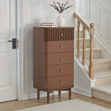 Shorwell Oak Slatted 5 Drawer Tallboy Chest Dark Stain from Roseland Furniture