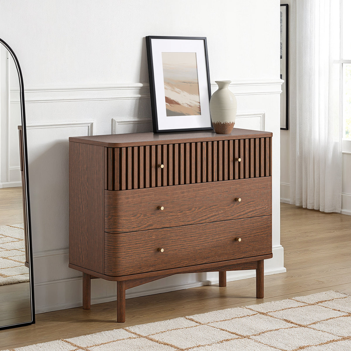 Shorwell Oak Slatted 3 Drawer Chest of Drawers Dark Stain from Roseland Furniture