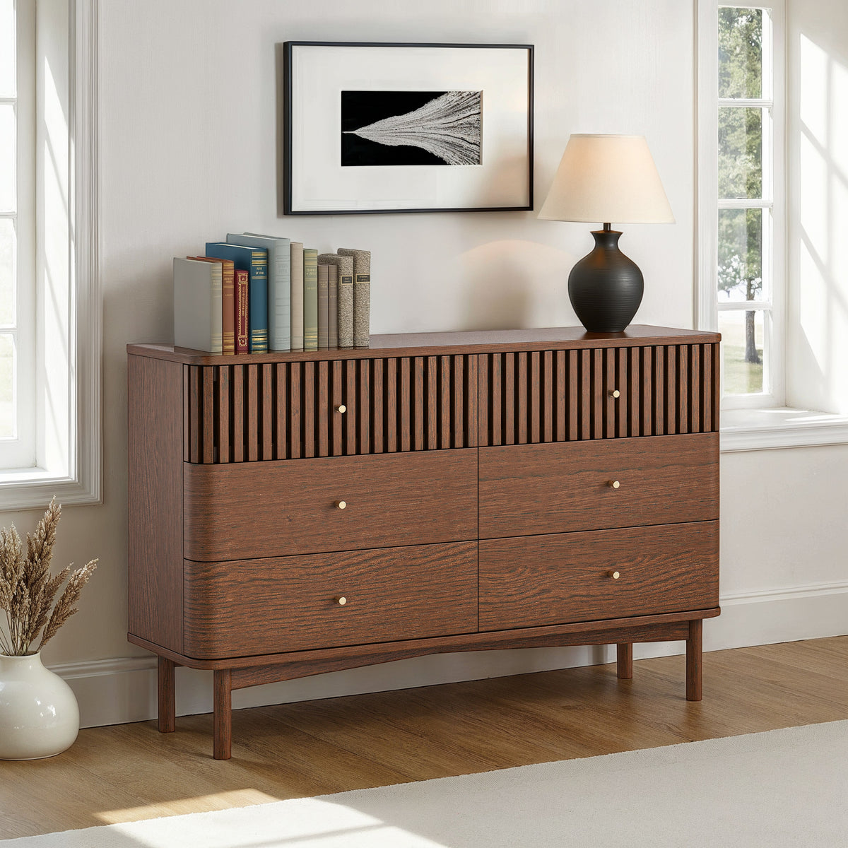 Shorwell Oak Slatted 6 Drawer Chest of Drawers Dark Stain from Roseland Furniture