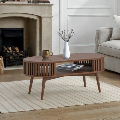 Shorwell Dark Oak Slatted Open Shelf Oval Coffee Table