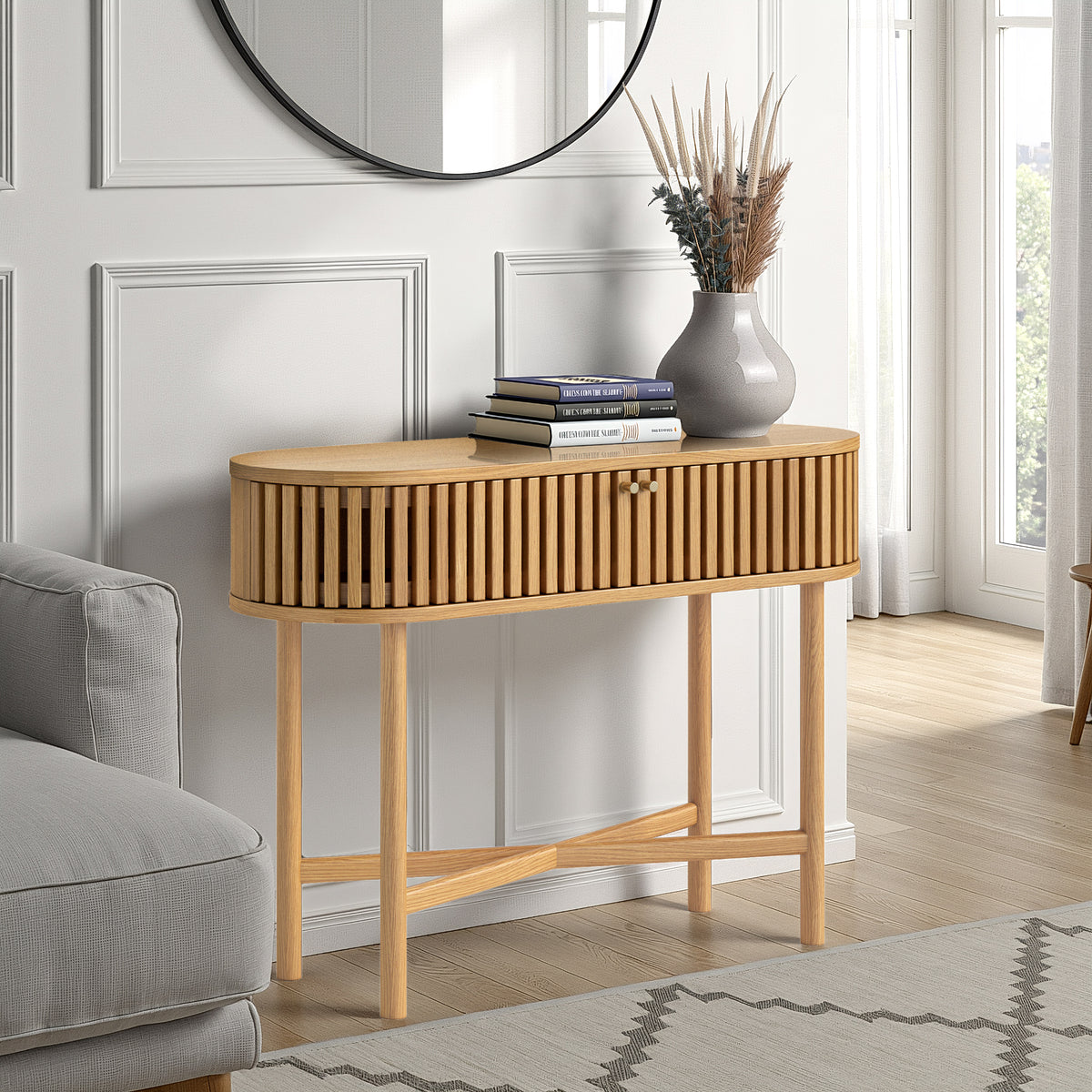 Shorwell Oak Slatted Oval Console Table Oak from Roseland Furniture