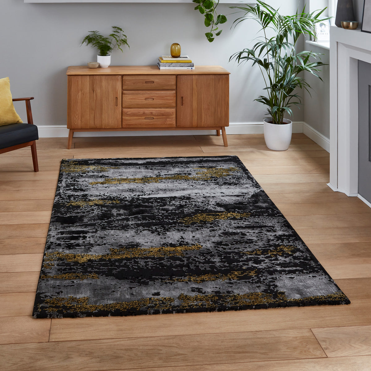 Fenway Black & Gold Distressed Super Soft Rug for living room