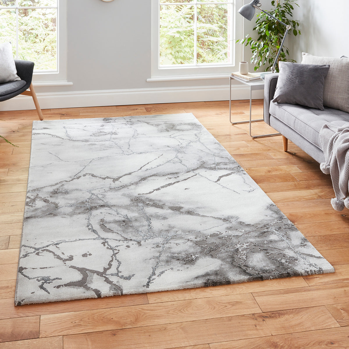 Fenway Silver Marble Effect Super Soft Rug for living room