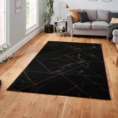 Fenway Black & Gold Geometric Super Soft Rug