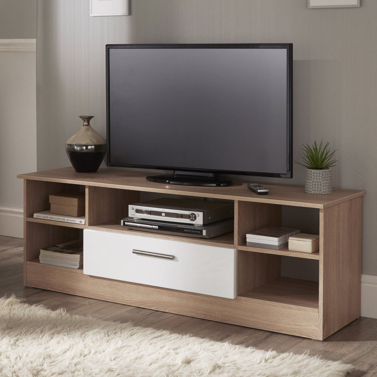 Blakely White & Light Oak Wide 1 Drawer TV Unit for living room