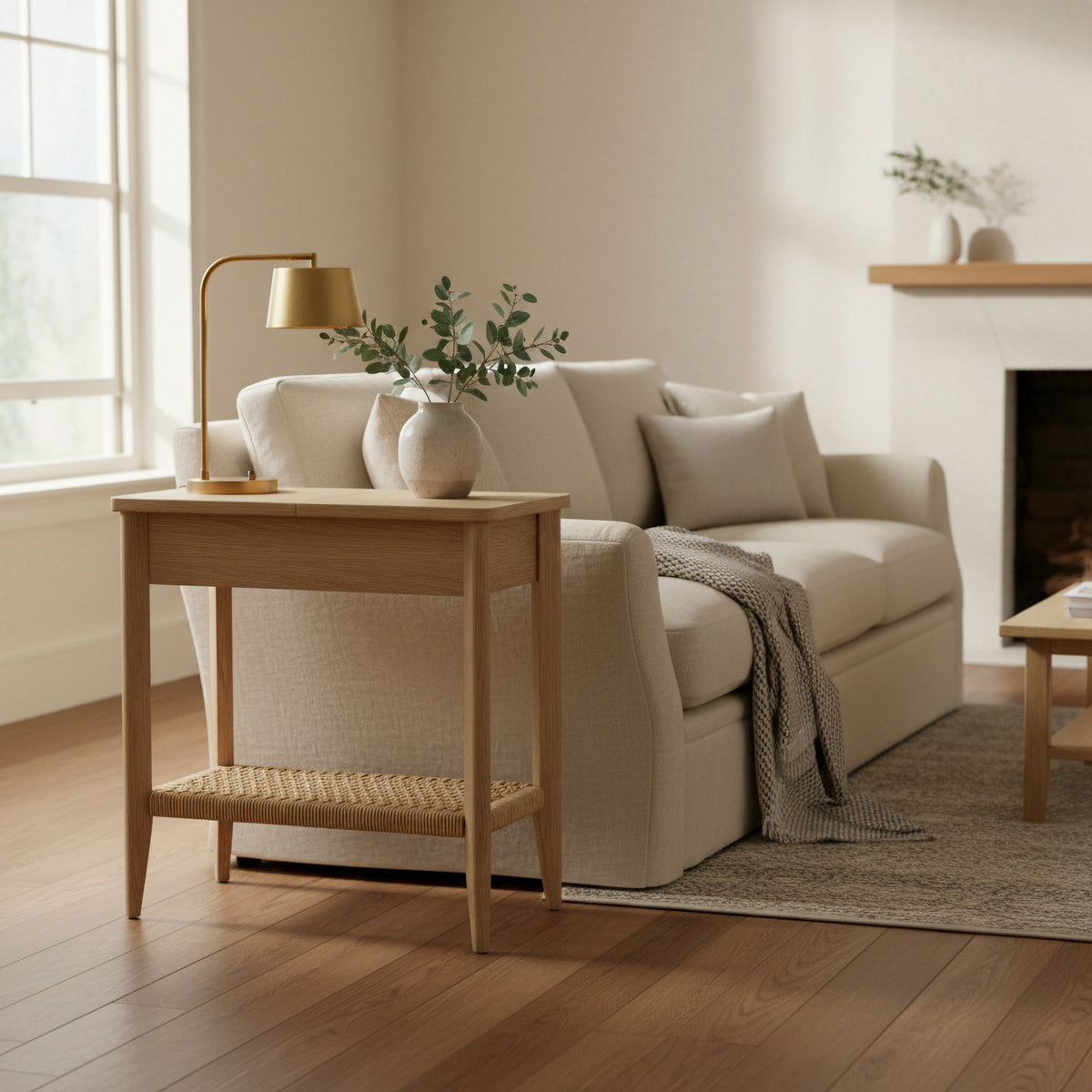 Harborough Oak Sofa Side Storage Table in transitional living room from Roseland Furniture