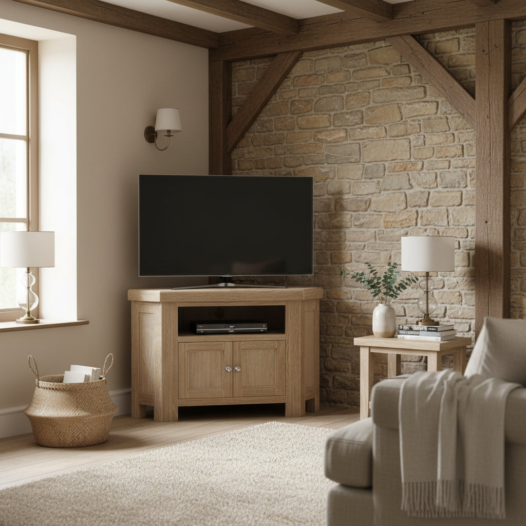 Portland Washed Oak Corner TV Unit from Roseland Furniture