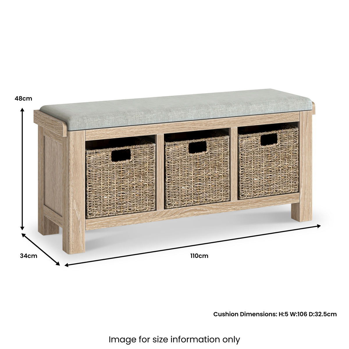 Portland Washed Oak Storage Bench Beige Cushion from Roseland Furniture