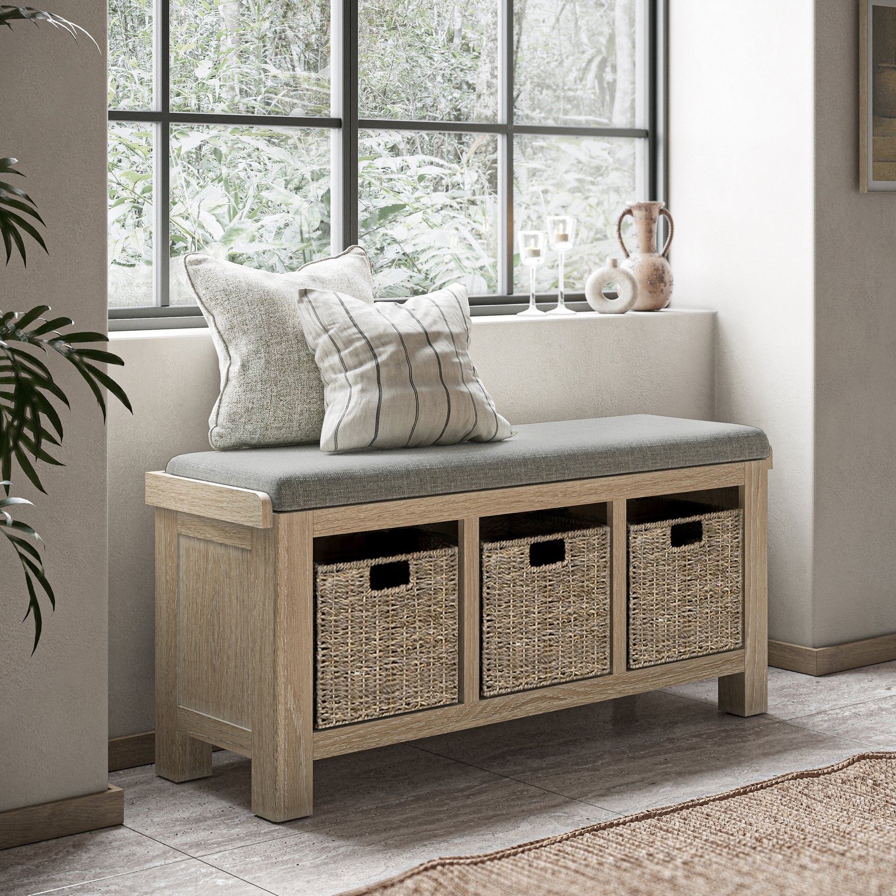 Portland Washed Oak Storage Bench and Cushion from Roseland Furniture