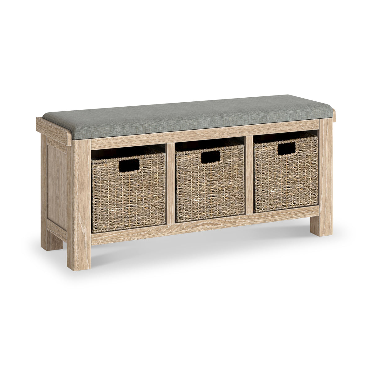 Portland Washed Oak Storage Bench Grey Cushion from Roseland Furniture