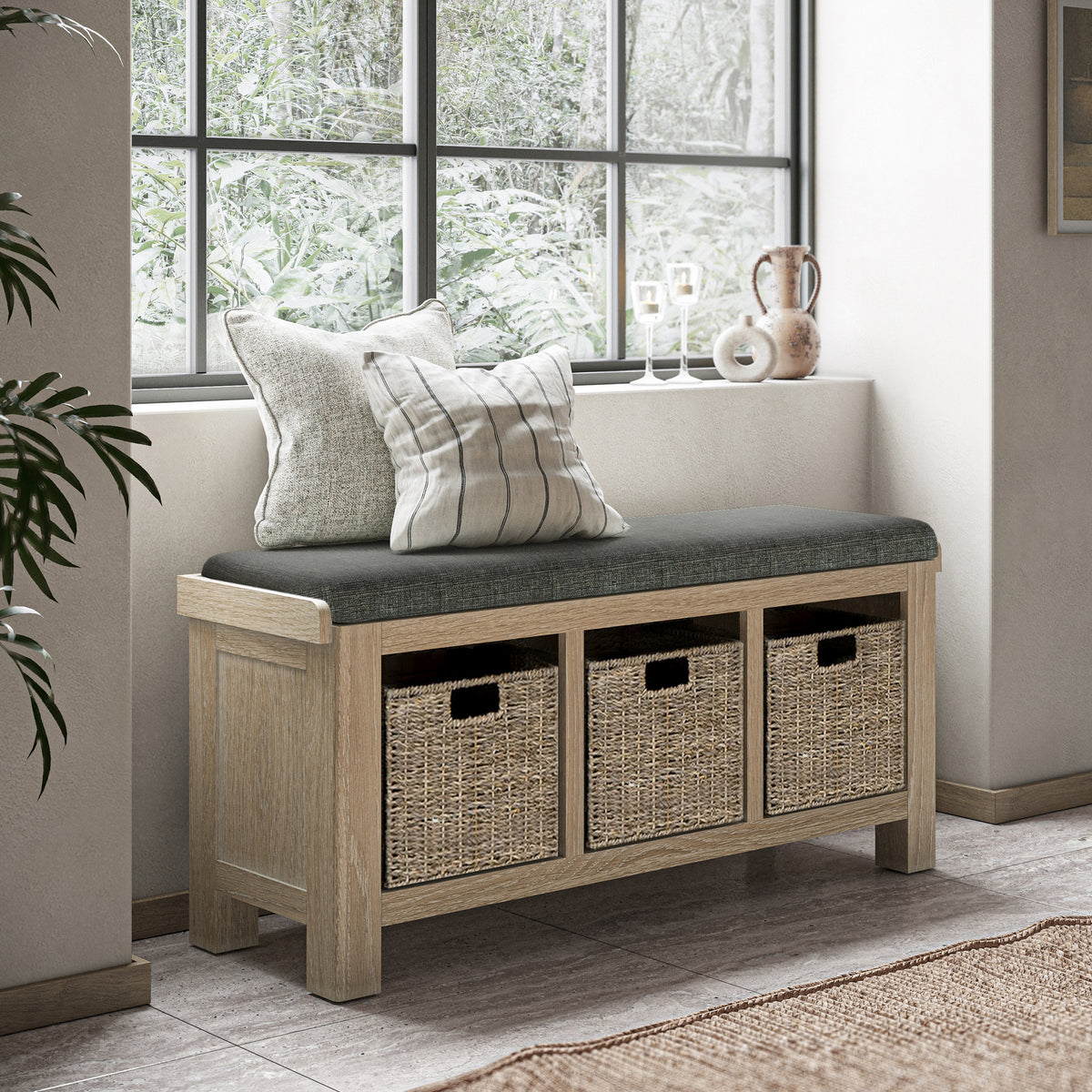 Portland Washed Oak Storage Bench and Cushion from Roseland Furniture