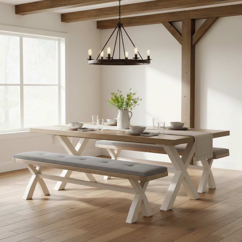 Belmont Cross Leg Dining Bench with Grey cushion from Roseland Furniture