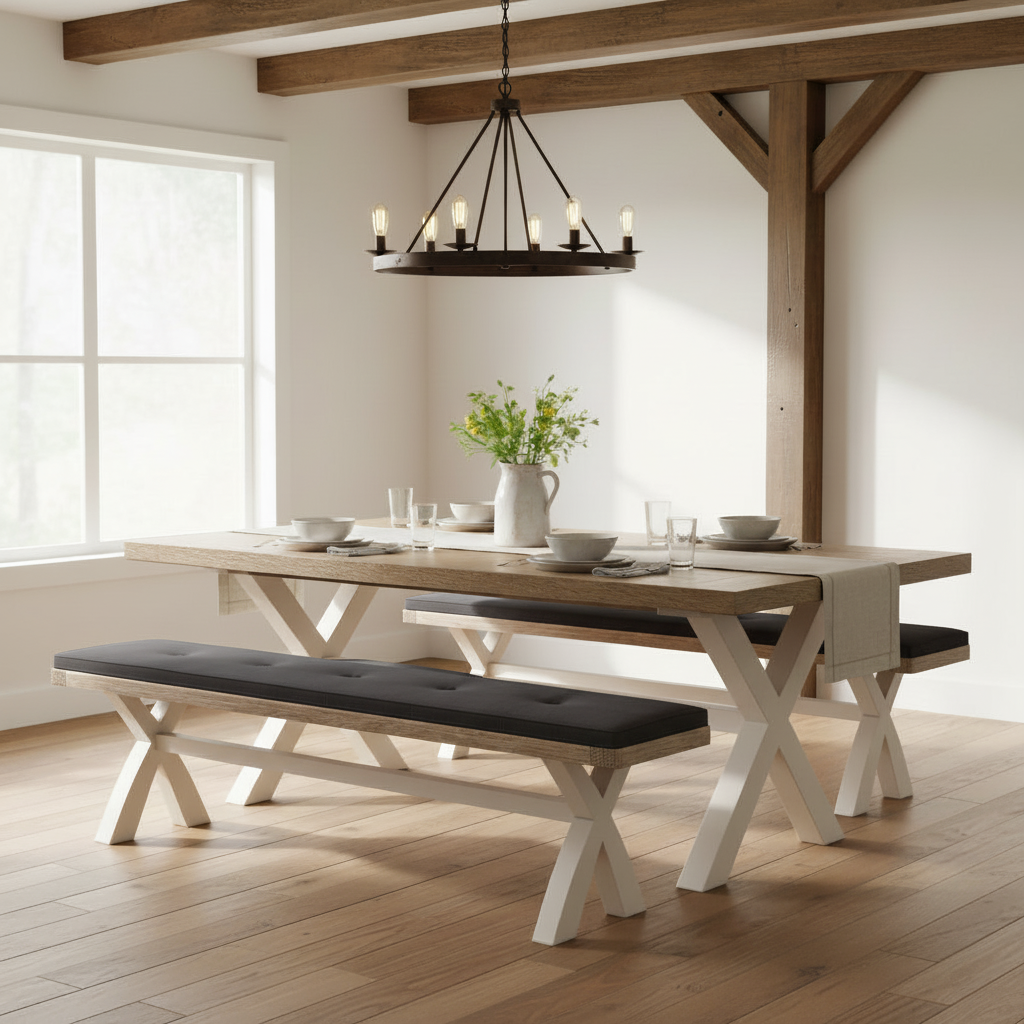 Belmont Cross Leg Dining Bench with charcoal cushion from Roseland Furniture