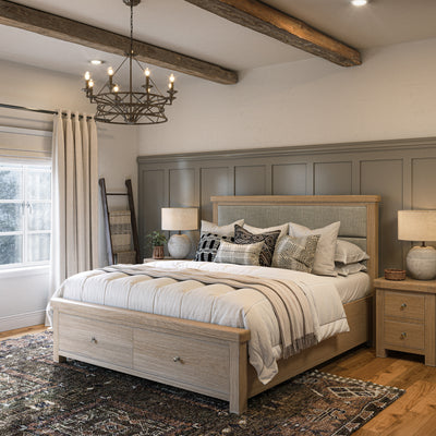 Portland Washed Oak Chenille Bed Frame with Drawers