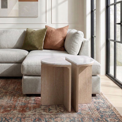 Mylor Washed Oak Marble Top Half Moon Nest of Tables