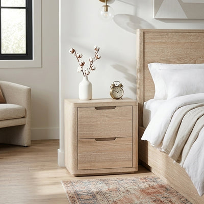 Mylor Washed Oak 2 Drawer Wide Bedside Table