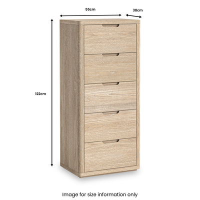 Mylor Washed Oak 5 Drawer Tallboy Chest