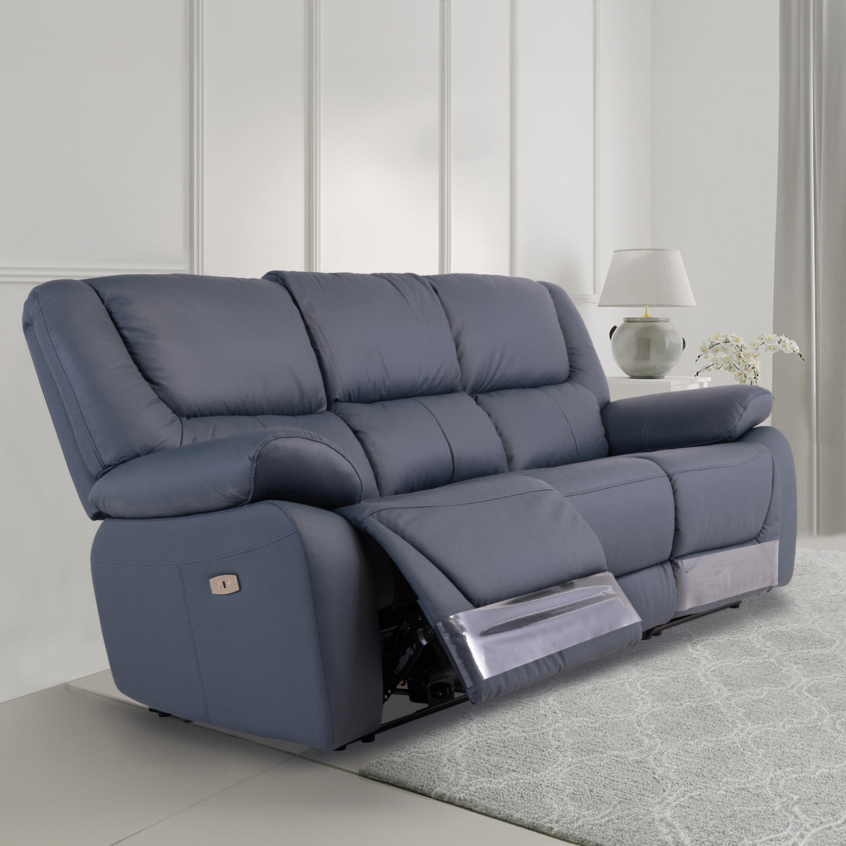 Baxter Charcoal Blue Leather Electric Reclining 3 Seater Couch for living room