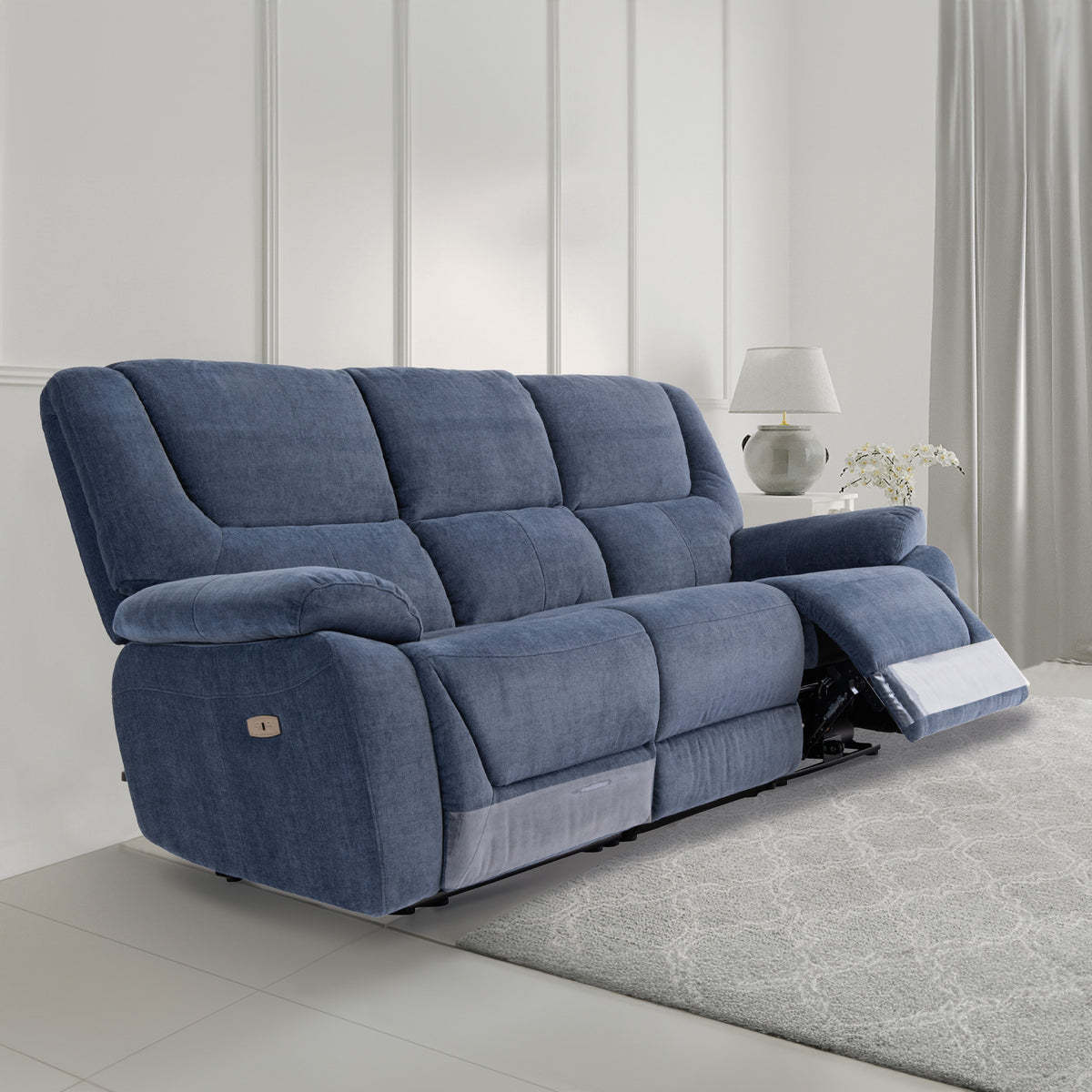 Barlow Blue Fabric Electric Reclining 3 Seater Couch for living room