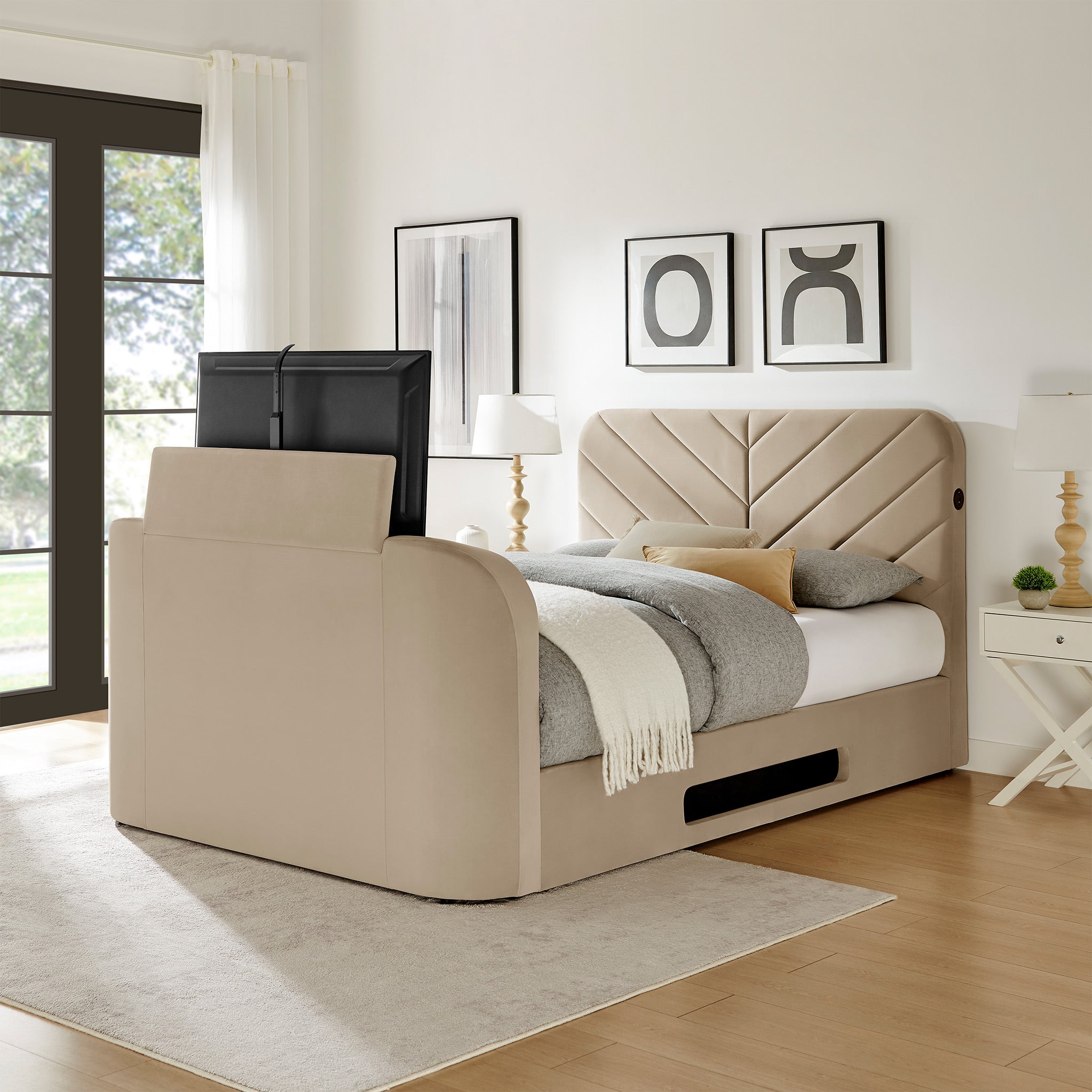 Koble Chevron Velvet Ottoman TV Bed w Surround Sound & USB | Roseland