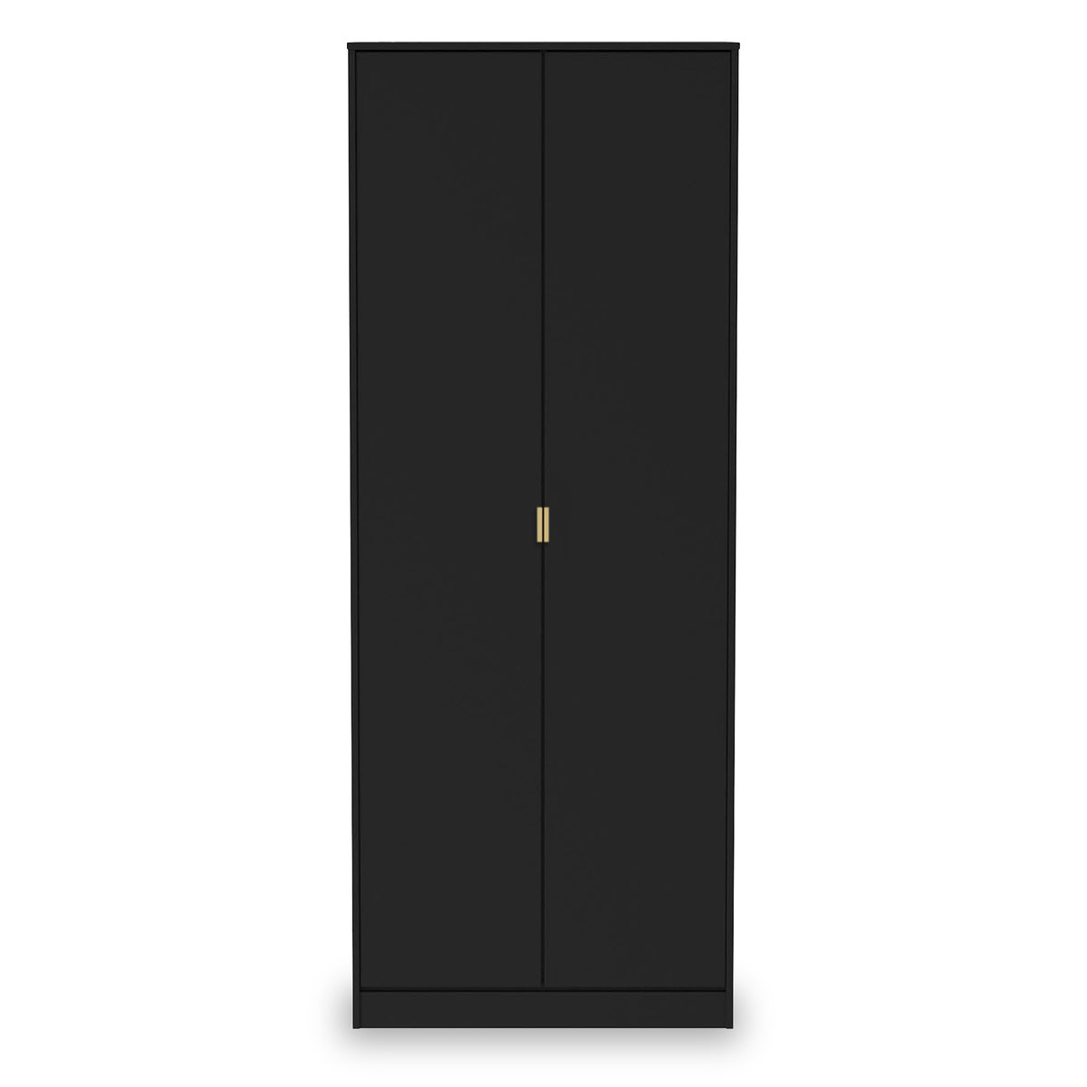 A tall black wardrobe stands with closed doors and a single gold-colored handle, isolated against a white background.