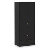 A tall black wardrobe with two doors and two lower drawers, featuring gold-colored handles, stands against a plain white background.