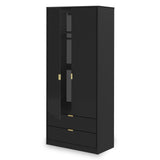 A tall black wardrobe with two doors and two lower drawers, featuring gold-colored handles, stands against a plain white background.