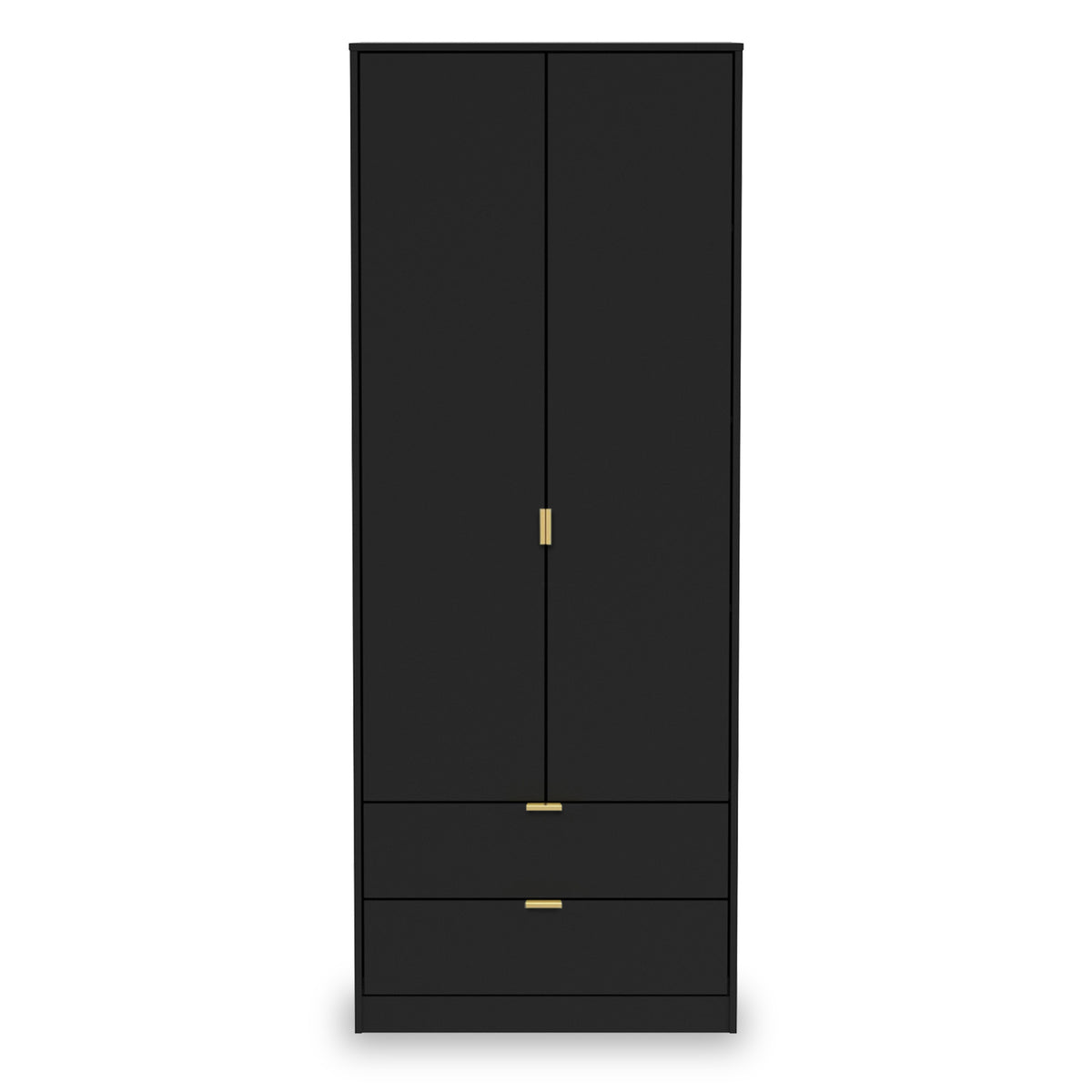 A tall black wardrobe with two doors and two lower drawers, featuring gold-colored handles, stands against a plain white background.