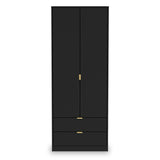 A tall black wardrobe with two doors and two lower drawers, featuring gold-colored handles, stands against a plain white background.