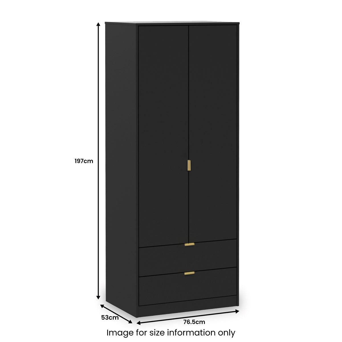 A tall black wardrobe with two doors and two lower drawers, featuring gold-colored handles, stands against a plain white background.