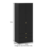 A tall black wardrobe with two doors and two lower drawers, featuring gold-colored handles, stands against a plain white background.