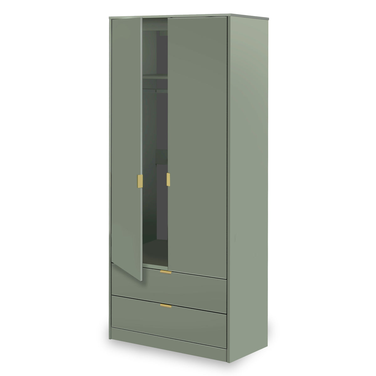 A tall olive green wardrobe with a smooth finish, featuring golden handles on its doors and drawers, stands against a plain, light background.