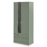 A tall olive green wardrobe with a smooth finish, featuring golden handles on its doors and drawers, stands against a plain, light background.