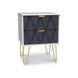 Geo White and Navy 2 Drawer Bedside Table Cabinet with Gold Hair Pin Legs from Roseland Furniture
