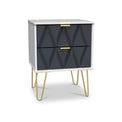 Geo 2 Drawer Bedside Table with Wireless Charging and Gold Hairpin legs in Navy White by Roseland Furniture
