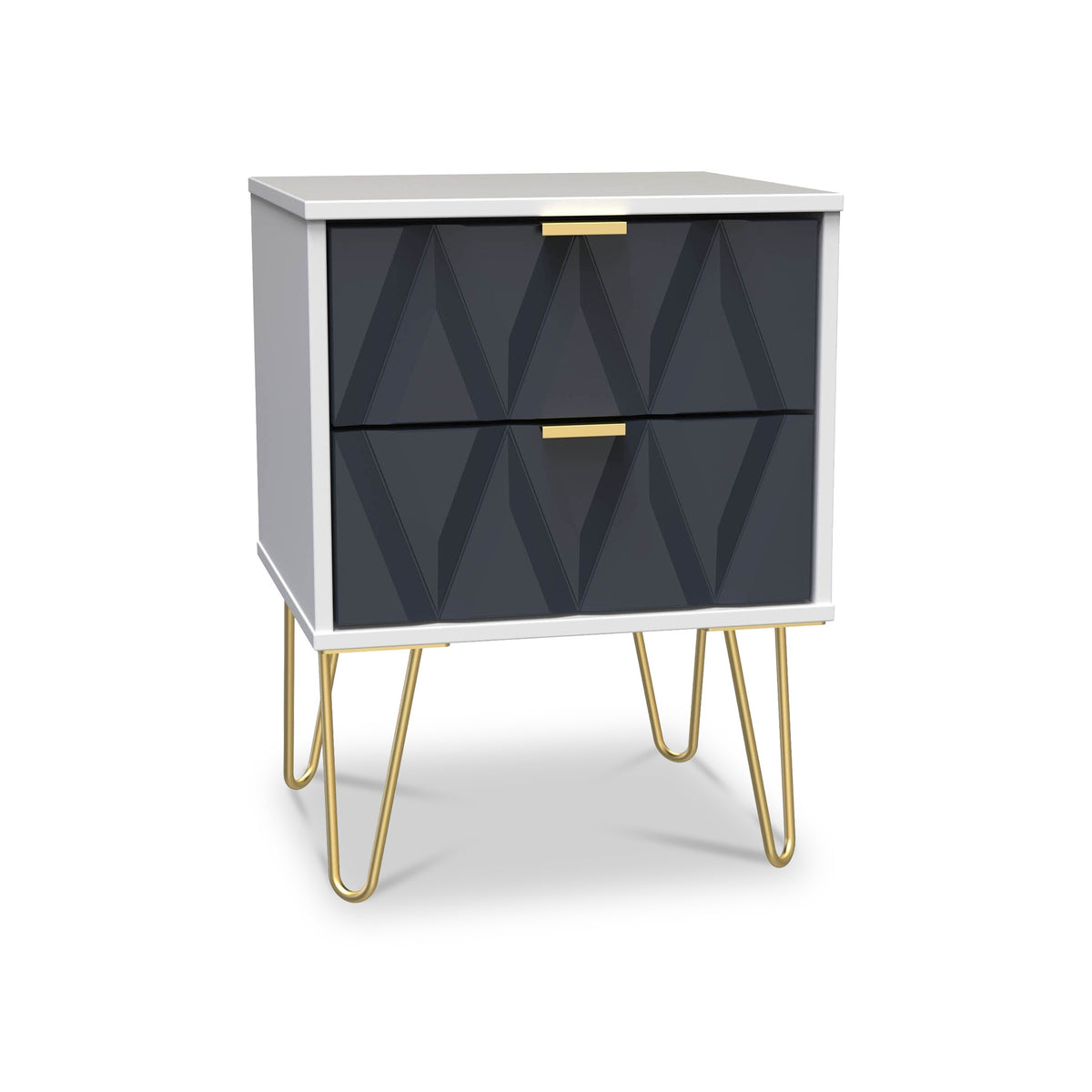 Geo 2 Drawer Bedside Table with Wireless Charging and Gold Hairpin legs in Navy White by Roseland Furniture